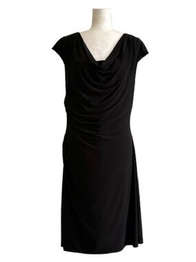Ronni Nicole Dress Black Draped Cowl Neck Cap Sleeve Ruched Midi Size 14